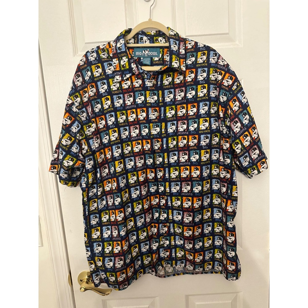 Big Dogs Mens XL Short Sleeve Button Down Shirt All Over Print Graphic Bulldog